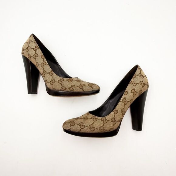 Gucci GG Monogram Brown Canvas Platform Pumps Wooden Heels Size 7.5 - Picture 8 of 12